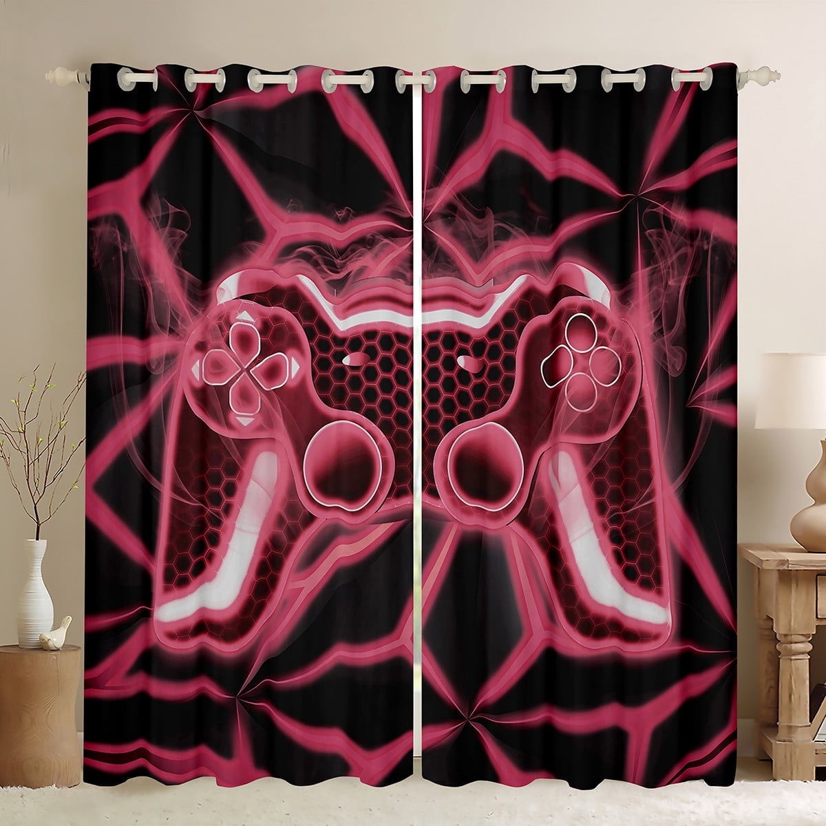 Erosebridal Video Game Curtains and Drapes (38Wx54L),Pink Neon 30%-50% Blackout Curtains for Bedroom,Geometric Honeycomb Curtains Pack of 2 (38Wx54L),Gamepads Bedroom Decorative