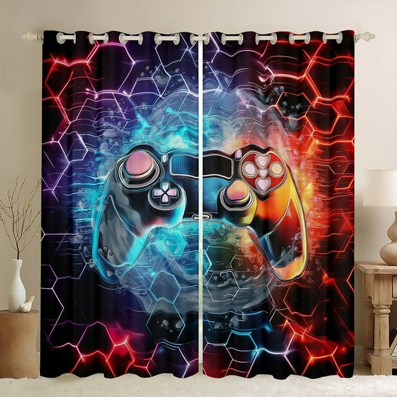 Erosebridal Video Game Curtains for Living Room (38Wx45L),Geometric Honeycomb 30%-50% Blackout Curtains Set of 2 (38x45),Gradient Gamepads Curtains and Drapes,Hexagon Room Decorative