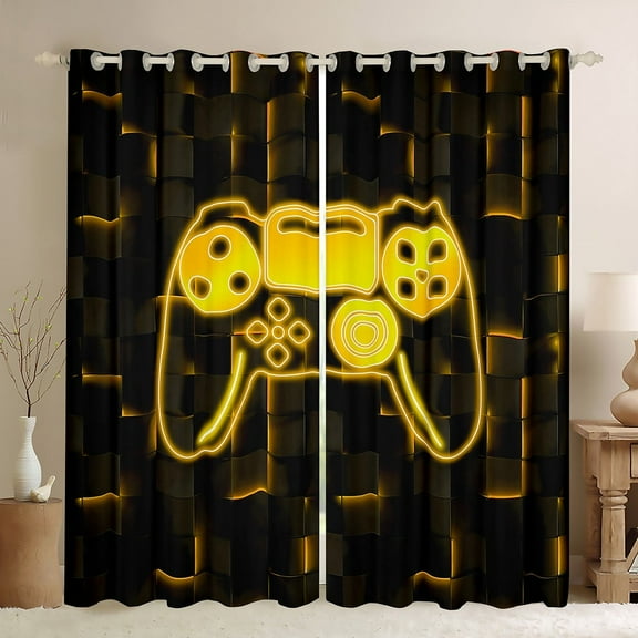 Erosebridal Video Game Curtains for Living Room,Black Golden Blackout Curtains Set of 2 (38x45),Futuristic Cubes Curtains and Drapes (38x45),Gamepads Room Decorative