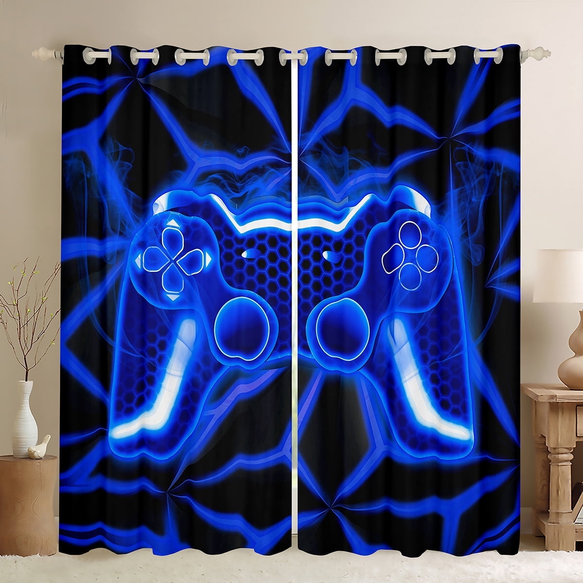 Erosebridal Video Game Curtains for Living Room,Blue Neon 30%-50% Blackout Curtains Set of 2 (38Wx45L),Geometric Honeycomb Curtains and Drapes (38Wx45L),Gamepads Bedroom Decorative
