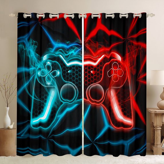 Erosebridal Video Game Curtains for Living Room,Blue Red Neon Curtains and Drapes (52Wx84L),Geometric Honeycomb Curtains Pack of 2 (52Wx84L),Gamepads Bedroom Decorative