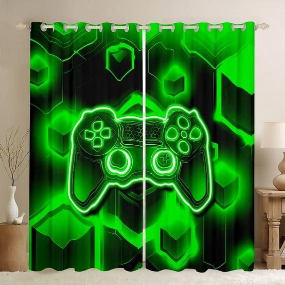 Erosebridal Video Game Curtains for Living Room,Green Black Curtains and Drapes (52Wx84L),Geometric Gamepads Curtains Pack of 2 (52Wx84L),Gaming Room Decorative