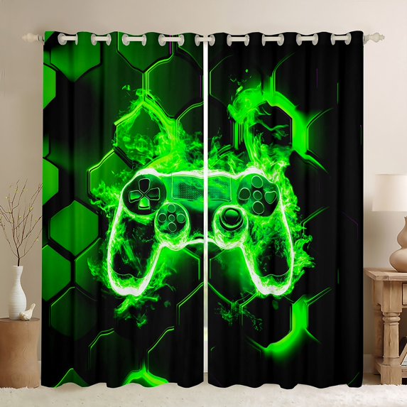 Erosebridal Video Game Curtains Pack of 2 (42Wx63L),Hexagon Honeycomb 30%-50% Black Out Curtains,Black Green Curtains for Living Room,Male Bedroom Decor
