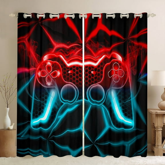 Erosebridal Video Game Curtains Pack of 2 (42Wx63L),Teal Red Neon 30%-50% Black Out Curtains,Geometric Honeycomb Curtains for Living Room (42Wx63L),Gamepads Bedroom Decorative