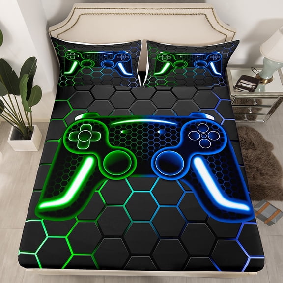 Erosebridal Video Game Fitted Sheet Twin Gamer Gaming Bed Sheets Teen,Neon Geometric Video Game Fitted Bed Sheet For All Season,Green Blue(No Top Sheet)