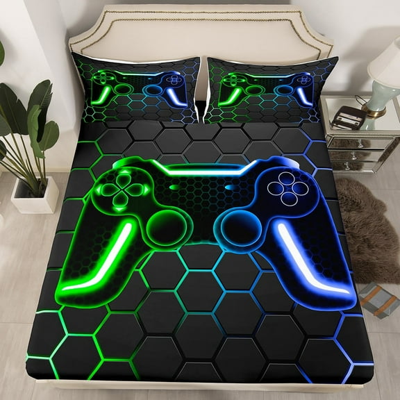 Erosebridal Video Game Fitted Sheet Twin Gamer Gaming Bed Sheets Teen,Neon Geometric Video Game Fitted Bed Sheet For All Season,Green Blue(No Top Sheet)