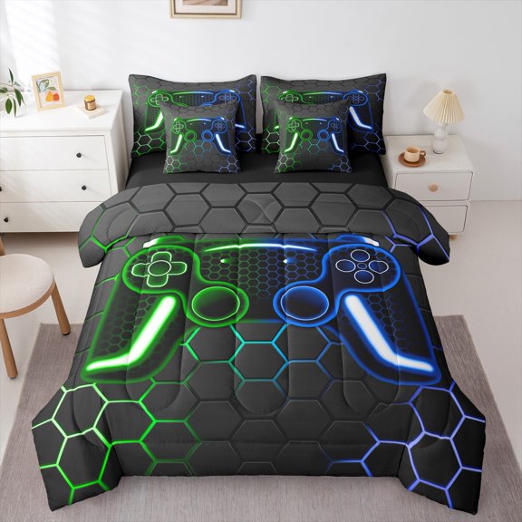 Erosebridal Video Game Twin Comforter Set With Sheets Twin Gamer Gaming Bedding Set 7 Piece Teen,Honeycomb Gamer Bed In A Bag Neon Geometric Video Game Bed Set,Green Blue