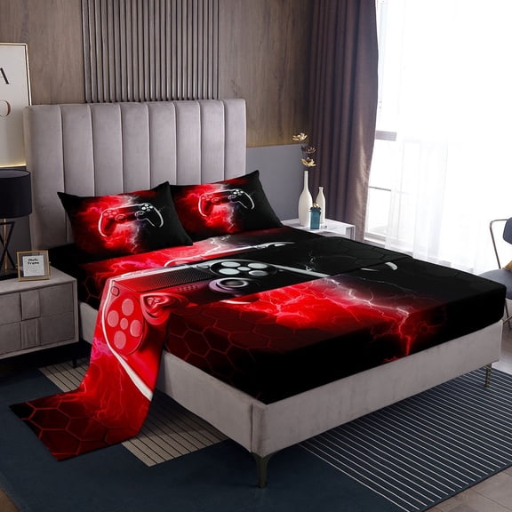 Erosebridal Video Game Sheet Set Twin,Black Red Bedding Sets Twin Size,Lightning Honeycomb Twin Sheet Sets,Super Cozy Geometric Room Decor,3pcs