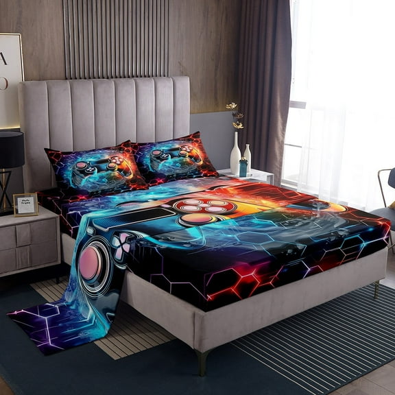 Erosebridal Video Game Sheet Set Twin,Geometric Honeycomb Bedding Sets Twin Size,Gradient Gamepads Twin Sheet Sets,Lightweight Hexagon Room Decorative,3pcs