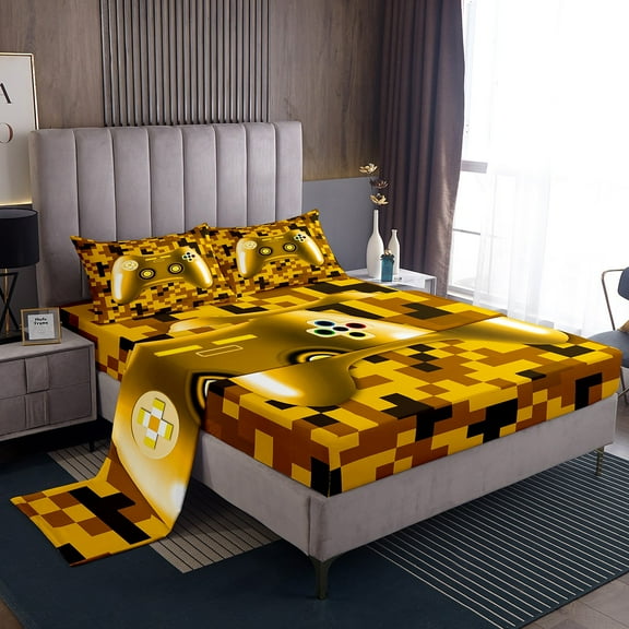 Erosebridal Video Game Sheet Set Twin,Golden Black Bedding Sets Twin Size,Teen Bedroom Decor,3pcs