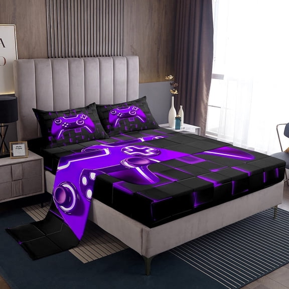 Erosebridal Video Game Sheet Set Twin , Neon Purple Gamepad Bedding Sets Twin Size, Contemporary Buffalo Room Decoration 3-Piece