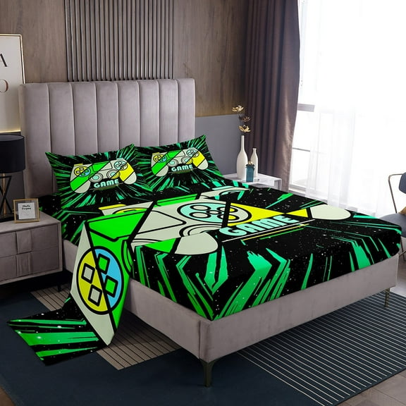 Erosebridal Video Game Sheet Set Twin,Stripes Lines Bedding Sets Twin Size,Black Green Twin Sheet Sets,Microfiber Male Bedroom Decor,3pcs