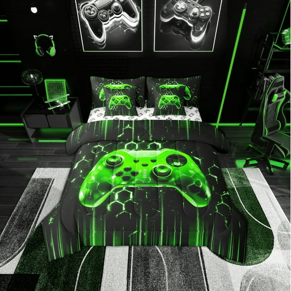 Erosebridal Video Game Theme Bedding Twin Size, Gradient Green Gamepad Comforter Sets with Sheets, Neon Green Light Bedroom Decor, Reversible 7pcs