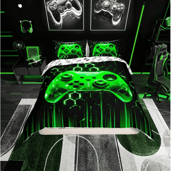 Erosebridal Video Game Theme Duvet Cover Twin, Gradient Green Gamepad Bedding Sets Twin Size, Neon Green Light Bedroom Decor, Reversible 2pcs (No Comforter)