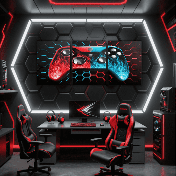 Erosebridal Video Game Theme Paintings Wall Decor Framed, Blue Red Hexagon Wall Hanging Decor Bedroom, Gamer Gaming Wall Decorations for Living Room, Luxurious Living Room Decoration