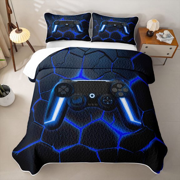 Erosebridal Video Gamepad Twin Quilt Set,Cyan Neon Hexagon Twin Coverlet Set For Boys,2 Pieces