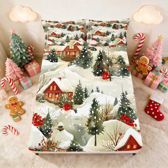 Manfei Village Fitted Sheet Full Snow Bed Set, Rust Cream 3-Piece 1 Fitted Sheet and 2 Pillowcases