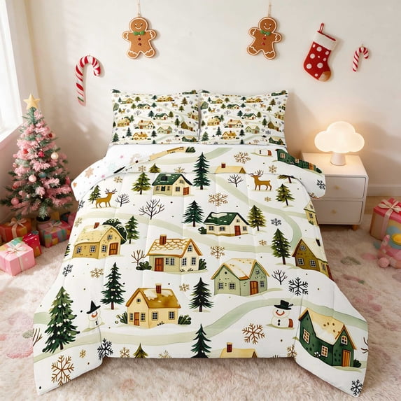 Manfei Village Full Size Comforter Sets Snow Bedding Comforter Set, Peach Pink 3 Pieces 1 Comforter and 2 Pillowcases, Xmas Reversible