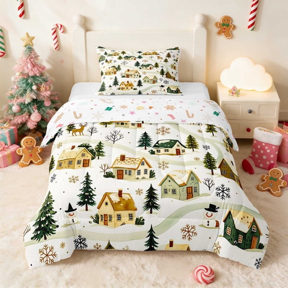 Manfei Village Twin Comforter Sets Snow Bedding Set, Peach Pink 2pcs 1 Comforter and 1 Pillowcase, Xmas Reversible