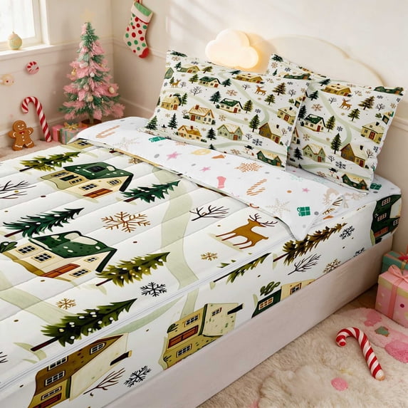 Manfei Village Zipper Twin Comforter Sets with Fitted Sheet and 2 Pillowcases Snow Zipper Bedding Set, Peach Pink, Xmas Reversible