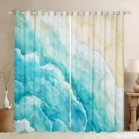 Erosebridal Ocean Beach Curtains for Living Room,Teal White 30%-50% Blackout Curtains Set of 2 (38x45),Sea Waves Decor