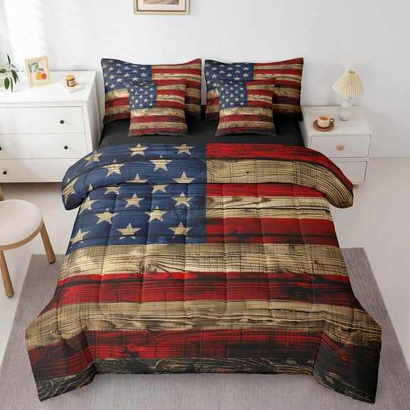Erosebridal Vintage American Flag Bedding Twin Size, Grunge USA Flag Comforter Sets with Sheets, July Fourth Gifts Duvet Set, Super Cozy Bedroom Decor, Reversible 7-Piece