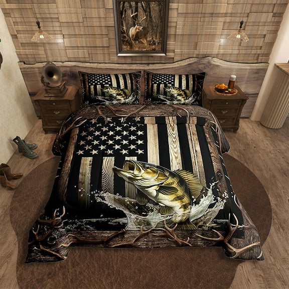 Erosebridal Vintage American Flag Comforter Set Queen Size,Hunting Fishing Teens Quilt Set Adult Room Decor,Rustic Farmhouse Wooden Striped Duvet Insert,Black Brown