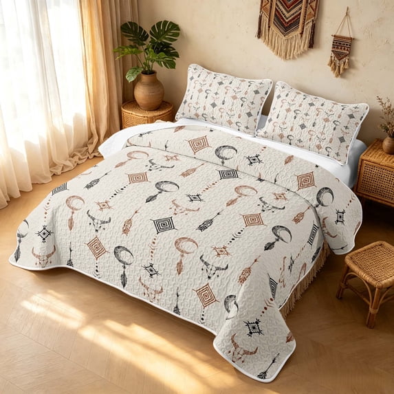 Erosebridal Vintage Aztec Quilt King, Retro Dream Catcher King Coverlet Set, Off White Terracotta Black 3 Pieces, 1 Bedspread and 2 Pillowcases