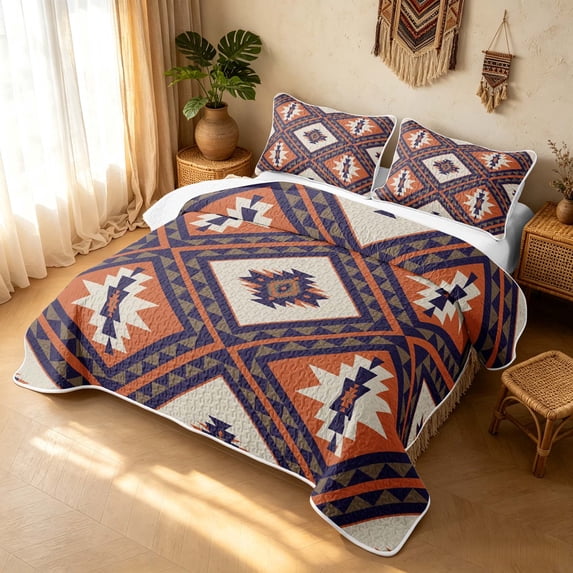 Erosebridal Vintage Aztec Quilt King, Retro Triangle King Coverlet Set, Terracotta Navy 3pcs, 1 Bedspread and 2 Pillowcases