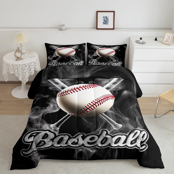 Erosebridal Vintage Baseball Bedding Sets Queen with Comforter, 3D Ball Print Duvet Insert, Sport Theme Down Comforter, Microfiber Room Decoration, 3pcs