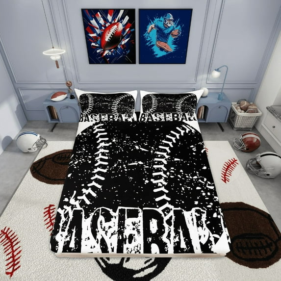 Erosebridal Vintage Baseball Fitted Sheet Set Twin, Black and White Bedding Twin Size, Sport Theme Room Decorative 2 Pieces (No Top Sheet)