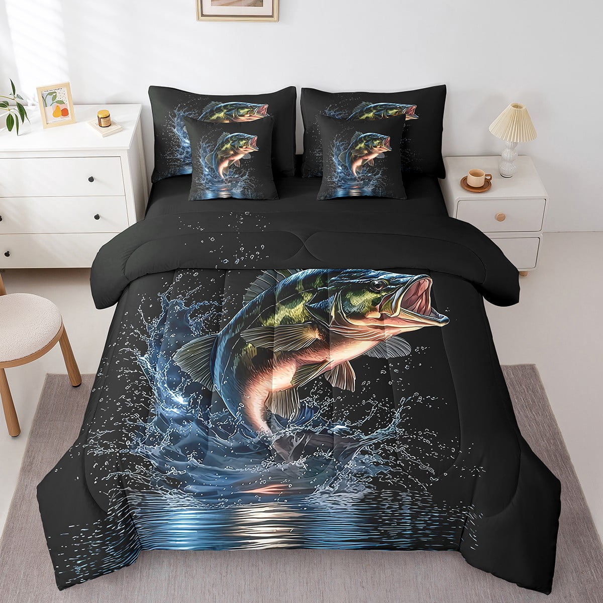 Erosebridal Vintage Bass Fish Bedding Queen Size,Rustic Hunting Theme ...