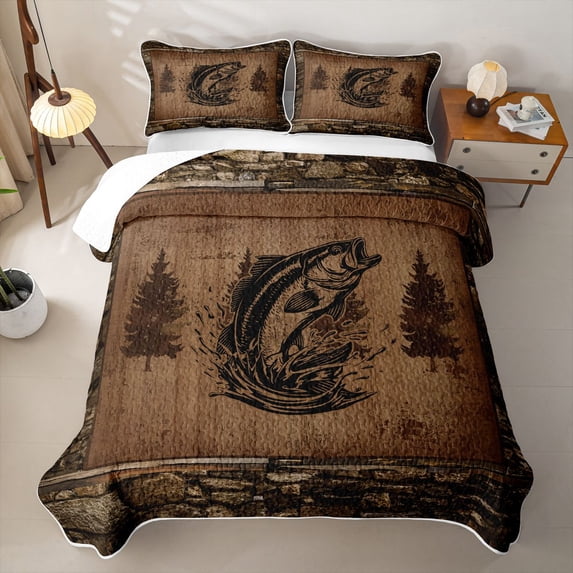 Erosebridal Vintage Bass Fish Twin Quilt Set,Pine Tree Silhouette Twin Coverlet Set For Boys,2-Piece