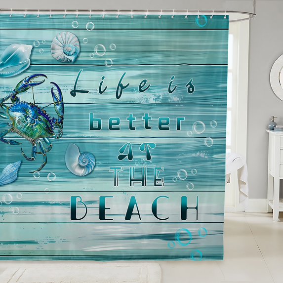 Erosebridal Vintage Beach Bathroom Curtain 72x78, Ocean Wooden Plank Bathroom Decor, Cartoon Sealife Decor