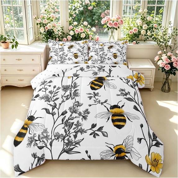Erosebridal Vintage Bee Full Size Comforter Sets,Lovely Floral Bedding Comforter Set,White Black,Reversible,3 Pieces,1 Comforter and 2 Pillowcases