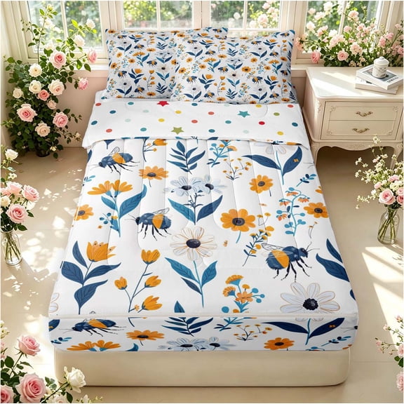 Erosebridal Vintage Bee Zipper Twin Comforter Sets with Fitted Sheet and 2 Pillowcases,Lovely Floral Zipper Bedding Set,White Blue,Polkadot Reversible,4pcs