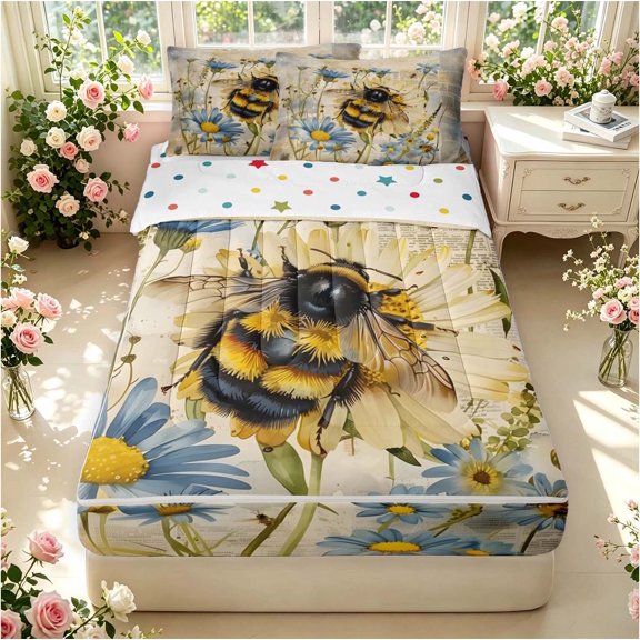Erosebridal Vintage Bee Zipper Twin Comforter Sets with Fitted Sheet and 2 Pillowcases,Watercolor Flowers Zipper Bedding Set,Beige Blue,Polkadot Reversible,4pcs