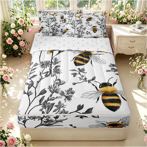 Erosebridal Vintage Bee Zipper Twin Comforter Sets with Fitted Sheet and 2 Pillowcases,Lovely Floral Zipper Bedding Set,White Black,Reversible,4pcs