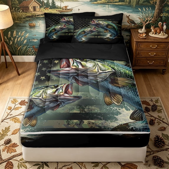 Erosebridal Vintage Big Bass Fish Zipper Twin Comforter Sets with Fitted Sheet and 2 Pillowcases,American Flag Print Zipper Bedding Set,Teal Olive Black,Black Reversible