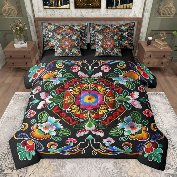 Erosebridal Vintage Blossoms Bedding Comforter Set for Girls, Paisley Mandala Queen Bedding Sets, Black Reversible, 7pcs