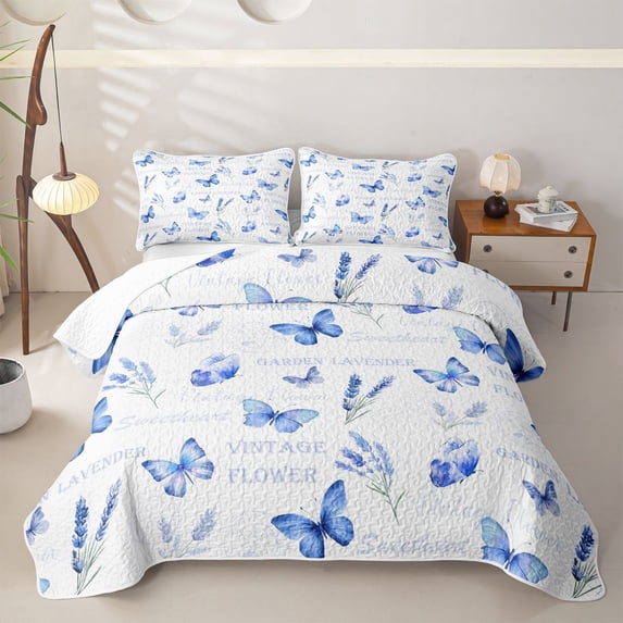 Erosebridal Vintage Blue Butterfly Quilt King for Girls, Lavender Bloom King Coverlet Set, 3 Pieces