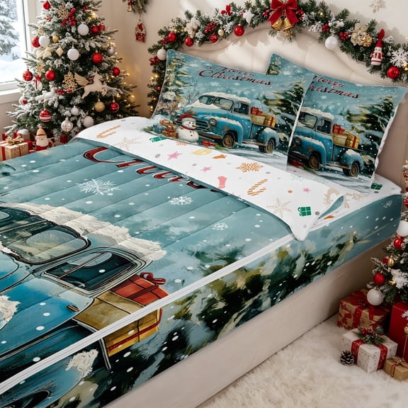 Erosebridal Vintage Blue Truck Snowman Zipper Twin Comforter Sets with Fitted Sheet and 2 Pillowcases for Girls Boys, Rustic Winter Gift Holiday Zipper Bedding Set, Christmas Reversible, 4 Pieces