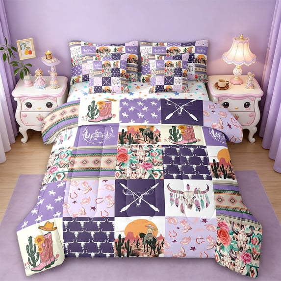 Erosebridal Vintage Boho Bohemain Bed in a Bag Queen Size,Cowgirl Bull Skull Bed Set,purple Rustic Farm Lodge Bedding Queen Size,Breathable Room Decorative Reversible,7 Pieces