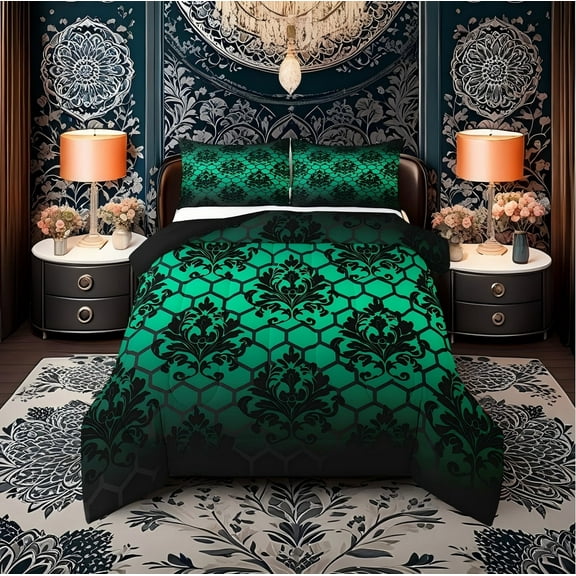 Erosebridal Vintage Boho Damask Bedding Sets Twin with Comforter, Green Duvet Insert, Hippie Mandala Decor, Reversible 2pcs