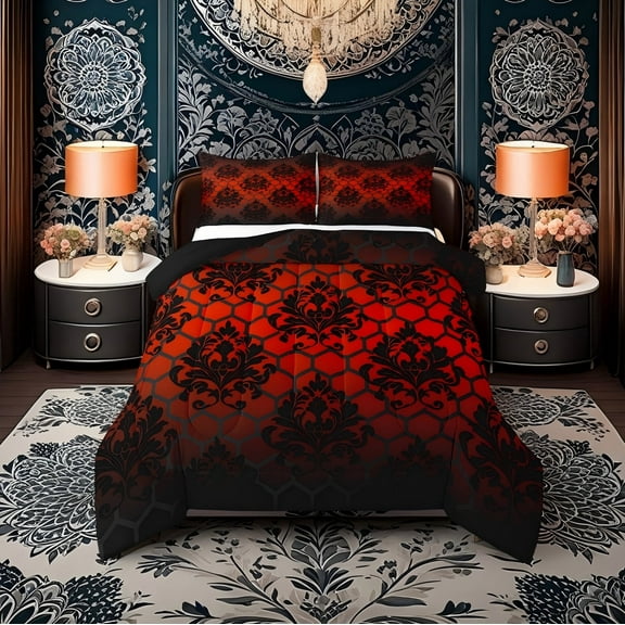 Erosebridal Vintage Boho Damask Comforter Sets Twin Size, Red Comforters & Duvets, Hippie Geometry Decor, Reversible 2-Piece