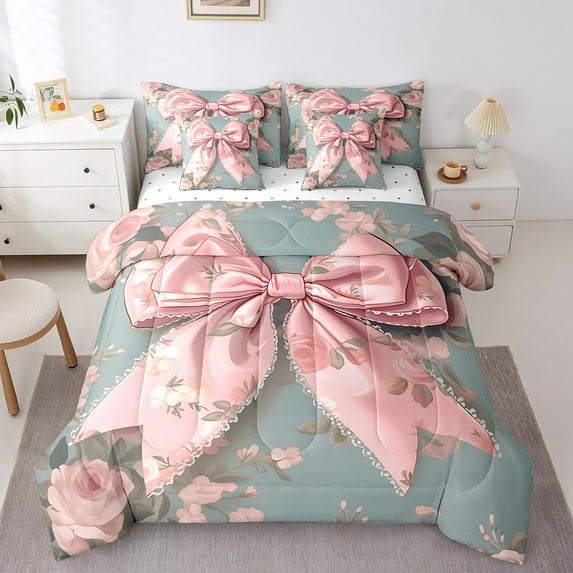 Erosebridal Vintage Bow-tie Bed in a Bag King size, Rose Flower Bed Set, Mid Century Reversible Comforter Sets, Lightweight Room Decor, 7 Pieces