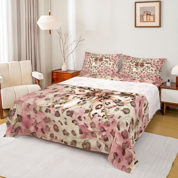 Erosebridal Vintage Bowknot Girls Full Size Sheets, Pink Gold Cheetah Print Bed Sheets, 4 Pieces