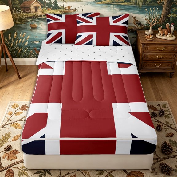 Erosebridal Vintage British Pattern Zipper Twin Comforter Sets with Fitted Sheet and 2 Pillowcases,Cross Shaped Print Zipper Bedding Set,Red White Navy,Reversible
