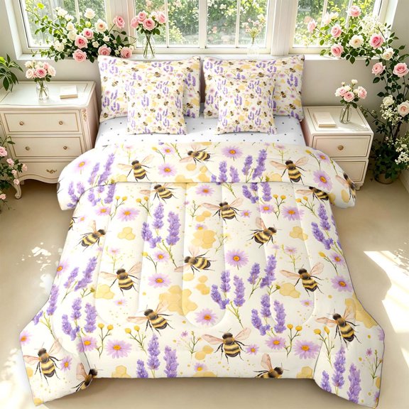 Erosebridal Vintage Bug Bee 7 Pieces Full Size Bedding Sets,Watercolor Floral Full Size Bed in a Bag,Cream Yellow,Reversible
