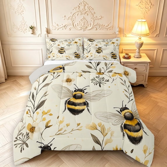Erosebridal Vintage Bug Bee Full Size Comforter Sets,Kawaii Sunflower Floral Bedding Comforter Set,Cream Black,Light Gray Reversible,3 Pieces,1 Comforter and 2 Pillowcases